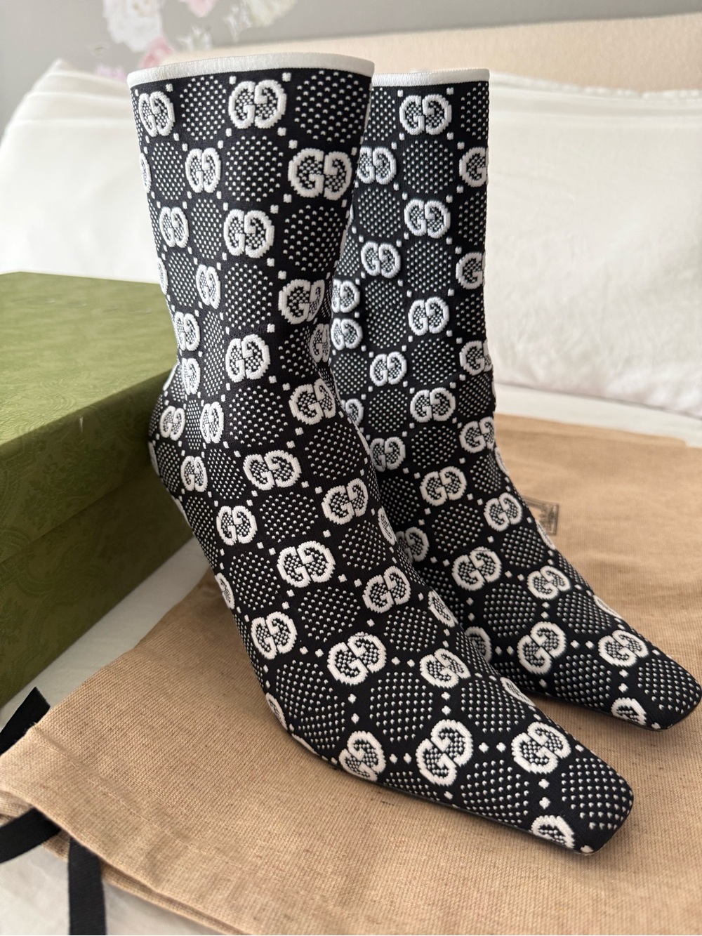 Gucci Black & White GG Jacquard Sock Boots